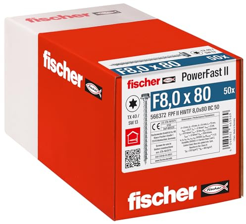 fischer PowerFast II HWTF 8,0 x 80, kraftvolle Holzbauschraube mit Sechskantkopf, Innenstern-Aufnahme und Vollgewinde, für den konstruktiven Holzbau, 50 Stk.