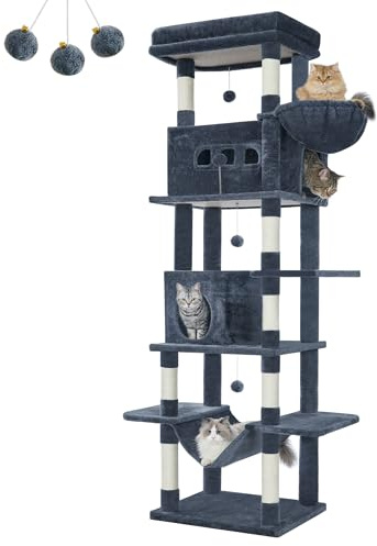 Hzuaneri 210 cm Grand Arbre à Chat, Tour à Chat pour Chats d'intérieur, avec Grand Perchoir, Tapis Lavable, 2 Niches Chats, 8 Griffoirs, Hamac, Pompons, Gris Foncé MS21018SG