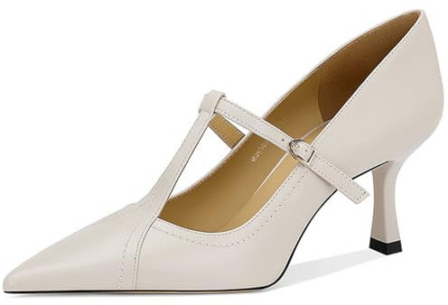 NVBUKE Women's Formal Leather Kitten Heel Pumps Elegant Pointed Toe Adjustable Ankle Strap T-Strap Stiletto Work Shoes for Weddings Dances Work (White,8.5)