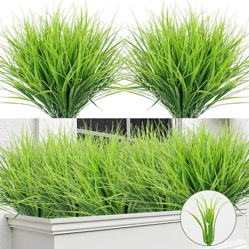 DEMIUKO 12 Bundles Artificial Plants Green Grass Outdoor Verdant Greenery UV Resistant Plastic Fake Bushes Faux Shrubs for Flowers Arrangement Garden Balcony Autumn Indoor Decor, 18 Inch