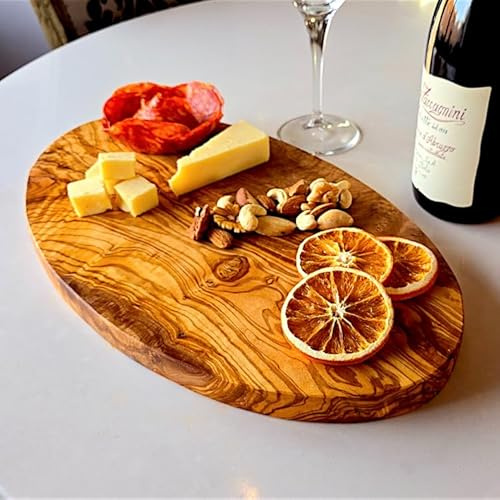 Plato redondo de madera de olivo hecho a mano | Bandeja decorativa rústica | Plato de queso para charcutería | Centro de mesa ecológico y duradero utensilios de cocina con patrones de grano natural