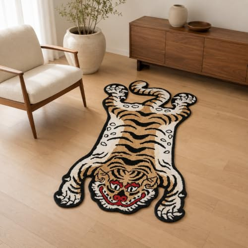 Alfombra capitoné de tigre tibetano de 5 x 3 pies para sala de estar, alfombras suaves y divertidas para dormitorio, alfombra lavable con respaldo antideslizante de TPR para decoración del hogar