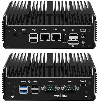 CWWK Mini PC Fanless, Celeron J6412 Industrial Mini Computer with 2x COM RS232/RS485 Port, 2x i226-V 2.5GbE LAN C1 Micro PC 16GB RAM 128GB SSD, 3-Display, USB-C, WiFi/BT