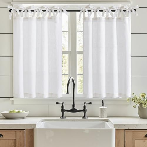 Vangao Scheibengardinen Modern Küche Bistrogardine 2er Set 65Bx90Hcm Weiß | Leinenoptik Gardinen Kurz mit Bindebändern, Weiss Küchengardinen Landhausstil Lichtdurchlässig Wohnzimmer Wohnwagen Fenster