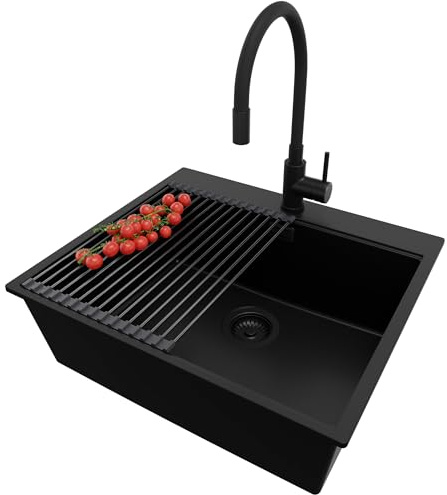 PRIMAGRAN Lavandino da Cucina al Mobile 60cm + Rubinetto, 58x50cm | Set: Rubinetto BW6020 + Kit di scarico + Scolapasta avvolgibile + Lavello in Granito a 1 Vasca - Oslo Top, Tutto Nero