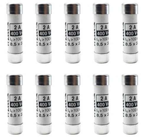 Paquete de 10 fusibles, cilíndrico 8 x 32 8,5 x 32 mm, 400 V 16 A, intervención retardada, con indicador de fusión, uso civil CF, cerámica, esteatita, uso gG, potencia de interrupción (lk) 50 KA
