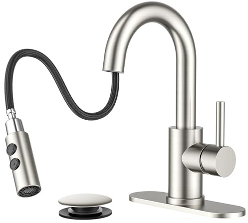 FORIOUS Bathroom Faucet 1 Hole with Pull Down Sprayer, 3 Hole Brushed Nickel Bathroom Sink Faucet with Pop Up Drain for RV Bar Laundry Vanity Utility Sink Remodel, Single Handle Design