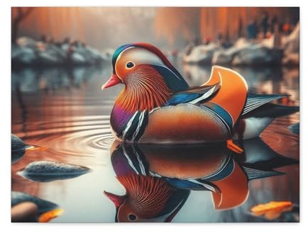 Mandarin Duck Floating Peacefully on a Reflective Pond in Eastern China - Matte Canvas Wall Art 24 * 18 inches - Made in USA