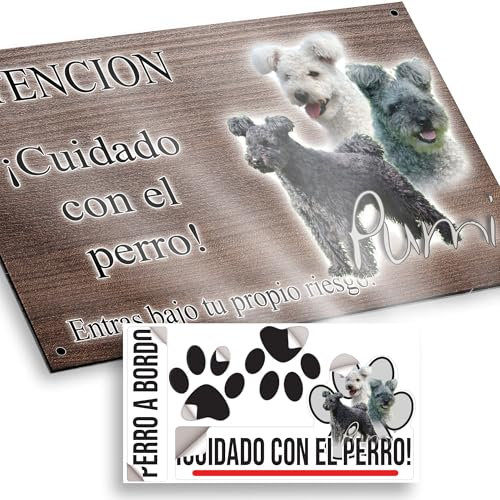 Pumi Cartel Cuidado Perro Peligroso 20x12,5cm - Diseño Madera Marrón Dibond con Pegatina Coche 20x5cm
