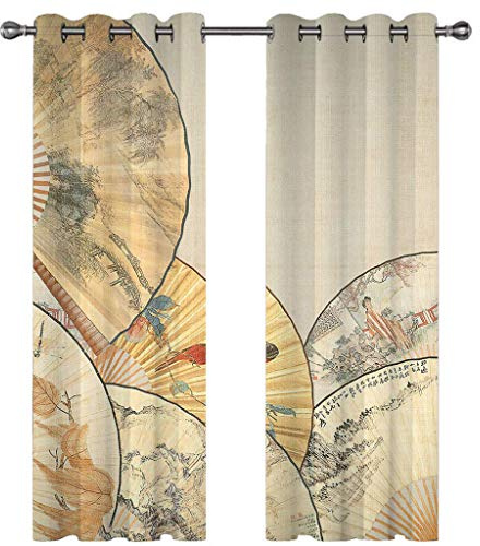 Vorhang Blickdicht Gardinen Verdunkelungsvorhang Vorhänge Kinderzimmer Schlafzimmer Wohnzimmer Thermovorhang Curtains 3D Gelber Faltfächer Im Antiken Stil Ösenschal 264X214Cm (B X H) 2Er Set
