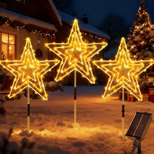 Dekofun Solar Stern Weihnachtsbeleuchtung Außen 3x75 LED Gartenstecker Weihnachten Beleuchtet mit Fernbedienung, Weihnachtsstern Außen Wetterfest Stern Beleuchtet for Garten Balkon Weihnachtsdeko