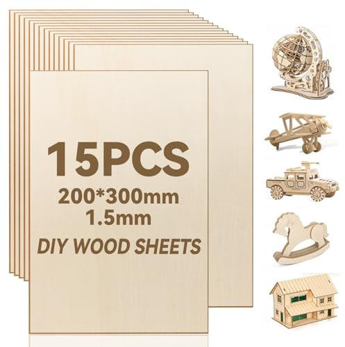 15 Stück Rechteckige Holzstücke 200 x 300 x 1,5 mm, Balsaholz Platten 1.5 mm Balsaholz Platten für Laubsäge Handwerk Basteln,Malerei,Dekorationen