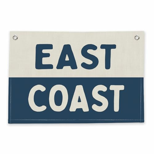 RTXLEZM Navy Blue East Coast Banner Coastal Room Decor，Nautical Linen Wall Hanging,Beachy Room Coastal Grandma Decor Wall Art, Trendy Prints for Bedroom, Large Canvas Flag with Two Grommets,36x24