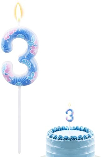Anime Cartoon Geburtstagskerzen mit Zahlen, Cartoon Blaumonster Kuchenkerze Blauer Hawaii Kuchenaufsatz mit Blättern und Blumen für Geburtstagsdekoration Partyzubehör (3)