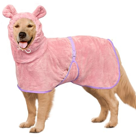 Dog Bathrobe Super Absorbent Towel Robe - Microfiber Bath Towels Fast Drying Coat for Dogs, Cute Dogs Clothes Adjustable Collar & Belly Strap Warm Keeping Hooded Dog Towel (Pink, X-Large)