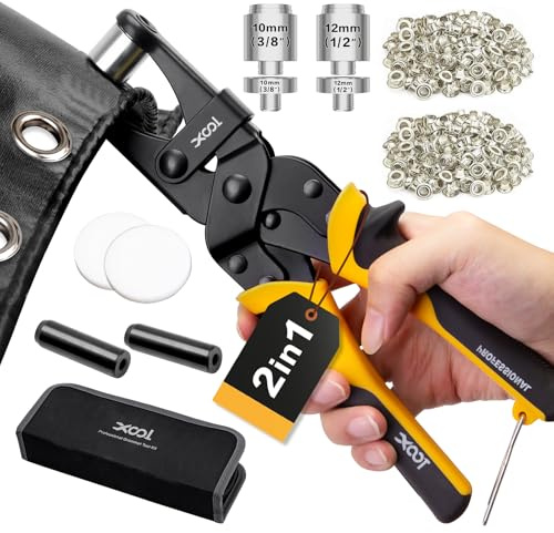 XOOL Pinza per Occhielli 2-in-1, Teste Intercambiabili 12 mm & 10 mm a Rotazione, Strumento per Forare con Sistema Magnetico per Tela, Pelle, Teli e Fai-da-te – 400 Occhielli e Rondelle Inclusi