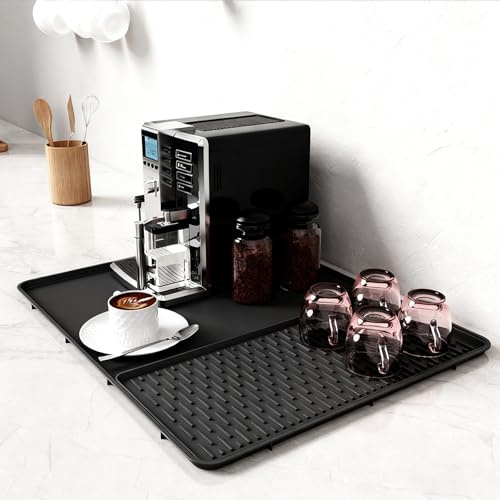 LIULINY 60 x 40 cm Coffee Maker Placemat, Coffee Maker Silicone Drip Mat | 2 in 1 Placemat, Heat-Resistant, Non-Slip, Easy to Clean, Dry Mat Kitchen (Black)