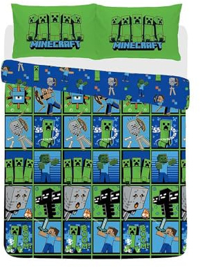 Minecraft Duvet Cover Set Double Creeper Design Bedding Set with Pillowcase Blue Green