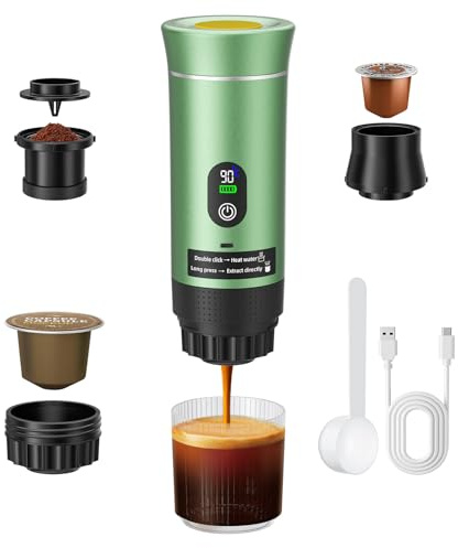 Trsaow Macchina per caffè Espresso Portatile, Macchina per Caffè Elettrica 3 in 1, Caffettiera Portatile da Campeggio, Mini Autoriscaldante, Compatibile con Caffè Macinato e Capsule (Verde)