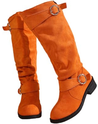 Slouchy mocka fuskknähöga, bred vad tjock sula höga stövlar kvinnor rund tå dra på höst vinter platta stövlar, Varm 5, 6 UK Wide