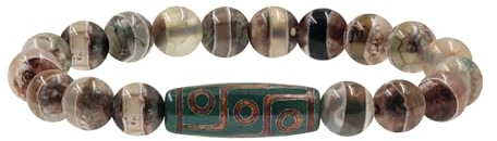 Zircobic Pulsera Dzi Verde Tibetano – Piedra Natural Multi-Ojos 3cm, Joyería Inspirada Espiritualmente para Hombres & Mujeres, Meditación, Yoga, Uso Diario