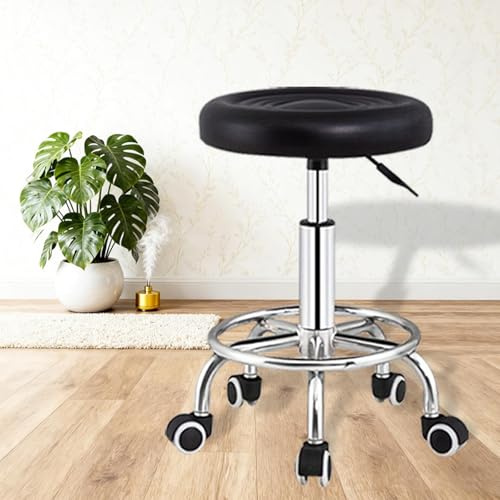 Taburete redondo con ruedas giratorias de goma de altura regulable con reposapiés para salón, spa y estudio de tatuaje, taburete de trabajo de hasta 136 kg, altura ajustable de 47 a 58 cm