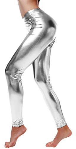Glitzer Leggings Damen - Silber Metallic Leggings Damen Glänzend Kunstleder Wetlook Legging Pu Leder Yoga Hose Tanzhose 70er 80er 90er Party Tanz Disco Karneval Alien Kostüm Leggins Lederoptik
