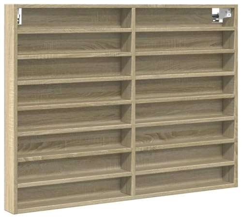 Makastle Vitrinenschrank mit 16 Fächern, Hängevitrine, Sammlervitrine, Schaukasten für Wohnzimmer, Schlafzimmer, Arbeitszimmer, Sonoma-Eiche 100x8,5x75 cm Holzwerkstoff