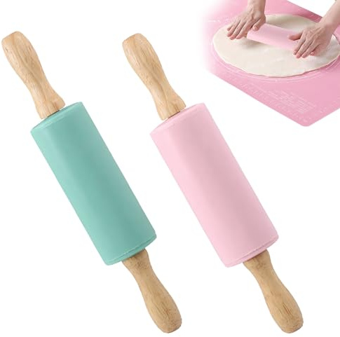 2 mattarelli per bambini con manico in legno, mattarello in silicone, superficie antiaderente, per torte, pizza, fondente, biscotti (verde + rosa)