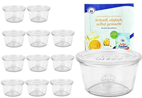 MamboCat 12er Set Weck Gläser 370ml 1/4 Liter Sturzgläser mit 12 Glasdeckeln inkl. Gelierzauber Rezeptheft von Diamantzucker I Original Weck Sturzglas I Einweckgläser mit Deckel für Kuchen Gelees