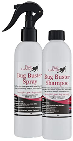 Bug Buster Spray and shampoo set for dogs, 100% natural with Neem oil, skin and coat care for dry problem skin, itching, bites and stings