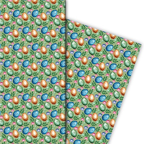 Kartenkaufrausch Edles gemaltes Oster Geschenkpapier Set 4 Bogen, Dekorpapier mit bunten Ostereiern, grün, für tolle Geschenk Verpackung, Musterpapier zum basteln 32 x 48cm