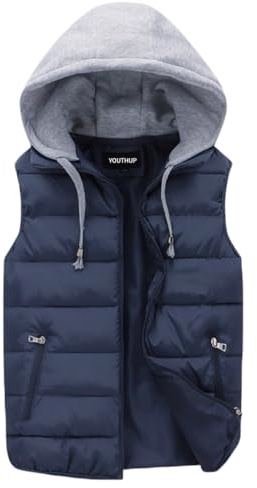 YOUTHUP Herrväst med huva, lätt, quiltad, kroppsvärmare, utomhus, ärmlös, vadderade västar, BLÅ, XS