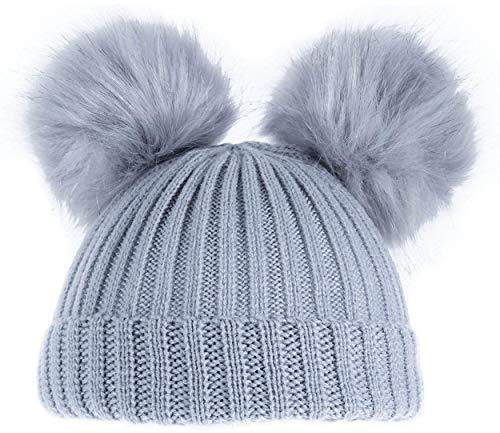 Aelstores Berretto con Pompon per Bambini e Bambine, Lavorato a Maglia, per l’Inverno, per Bambini e Bambine, 12 Mesi 2 Pompon Grigi (H506) neonato-12 Mesi