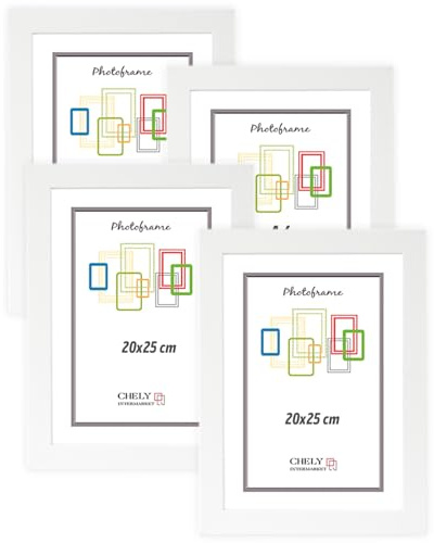 CHELY INTERMARKET MOD204 Marco Fotos Decorativo Estilo Clásico Blanco 20x25cm Pack4Uds Madera MDF con Cristal Real Diseño Montaje Vertical Horizontal Ideal Diplomas Certificados Fotografías
