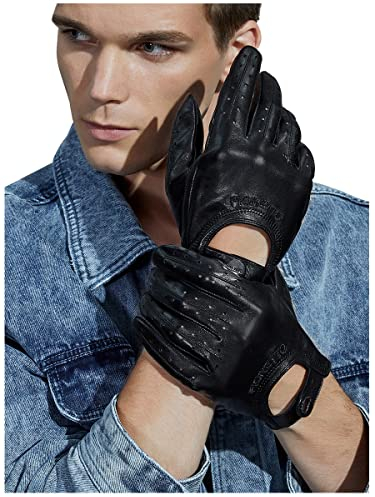 Fiorretto Herren-Lederhandschuhe für Fahrer, Touchscreen ungefüttert, Schwarz, Größe S