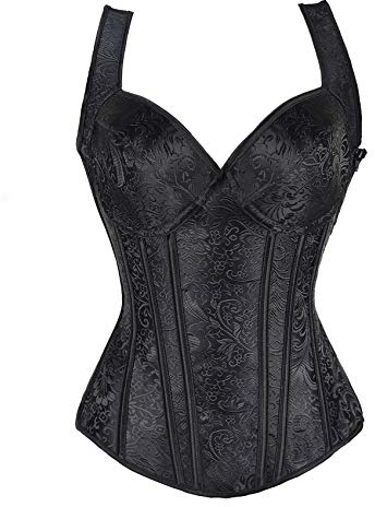 Bustier burlesque basque à fermeture éclair pour femme avec baleines (gilet floral noir, 6-8), Gilet noir à motif floral., 34