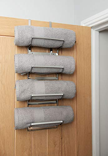 LIVIVO 4 Tier Chrome Over The Door Towel Rail Rack Hanger Holder Bathroom Storage Organiser Shelves With 2 Hooks For Hanging and placing Clothes