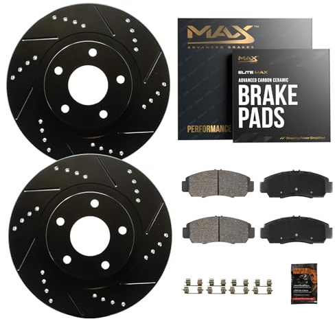 Max Advanced Brakes Rear Brake Kit Compatible With 2019 Chevy Silverado 1500 Exc Electronic Parking Brake Replacement Drilled Slotted Black Coated Disc Brake Rotors and Ceramic Brake Pads