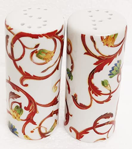 Floral Scroll Red & Mica Gold Salt & Pepper Ceramic Baroque Damask Round Salt & Pepper Cruet Set Hand Decorated UK