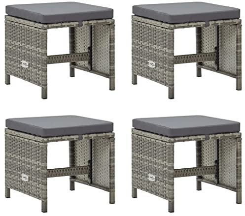 vidaXL 4X Gartenhocker mit Sitzkissen Sitzhocker Fußhocker Fußstütze Fußbank Ottomane Fußablage Gartenmöbel Hocker Poly Rattan Grau