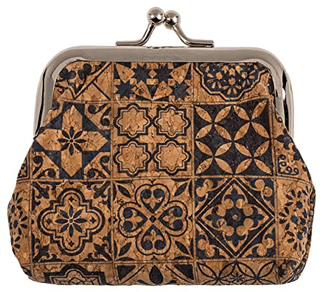 LEUCHTBOX Vegane Münzbörse Natürliche Kork Geldbörse Nachhaltiges Portemonnaie Lederalternative Bügelbörse Klein Mandala-Muster-Print (Schwarze Mandalas)