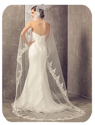 Unsutuo Cathedral Wedding Veil 1 Tier Lace Applique Bridal Veil Long Tulle Veil with Comb for Women and Bride (Ivory)