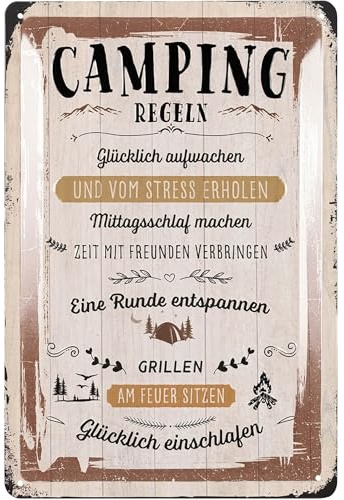 LANOLU Retro Blechschild Camping Regeln Schild - Camper Geschenke für Wohnmobilfahrer als lustige Wohnwagen Deko - vintage Metallschild in Holz Optik, 20x30 cm
