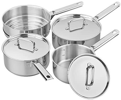 Tala Performance 4 Teiliges Edelstahl Topfset mit 16 18 und 20 cm Stielkasserollen mit Deckeln und Multi Dämpfeinsatz für tägliches Kochen auf allen Herdarten