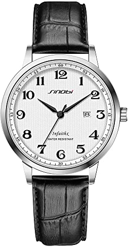 SHENGKE SINOBI Attività classica Orologi da uomo Numeri arabi Easy Reader Orologi da polso per uomo con calendario Data Resistente all'acqua (Silver-Black-Leather)