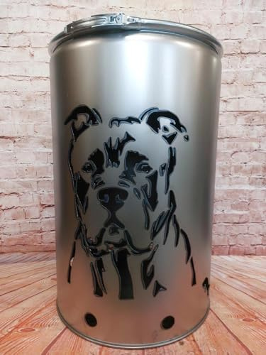 Fuchsbau Feuertonnen Feuertonne mit - Cane Corso - Motiv - Gefertigt aus neuem Ölfass - Besondere Feuerstelle für Garten und Terrasse - Hohe Feuerschale mit Rostoptik - 90 x 60 cm