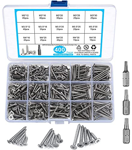 400 Pcs M3/M3.5/M4 Wood Screws, Torx Head Pan Head Self Tapping Screws, Stainless Steel Flat Head Drywall Screws Assortment Kit for Wood, with 3 Pcs Bits (400 Silver)