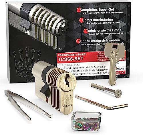 MULTIPICK Trainingszylinder Lockpicking Set - [inkl. 50-tlg. Pinning-Kit] Lock Picking Tool - variables 6-Stift EU Übungsschloss - Schloss knacken - Trainingsschloss für Anfänger und Profis