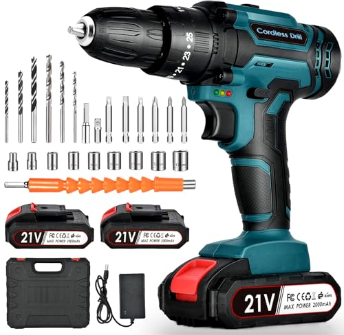 Akku Bohrschrauber Set 21V: Akkubohrer mit 2 Akkus 2000mAh,42Nm Max Drill Set 25+3 Paar, 24 Stück Bohrer Akkuschrauber, 2 Geschwindigkeiten, Led-Licht für DIY Projekte(Bohrmaschinen)